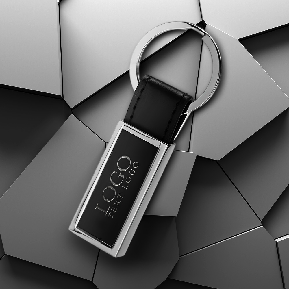Black Rectangular Metal And Leather Keychain With Logo