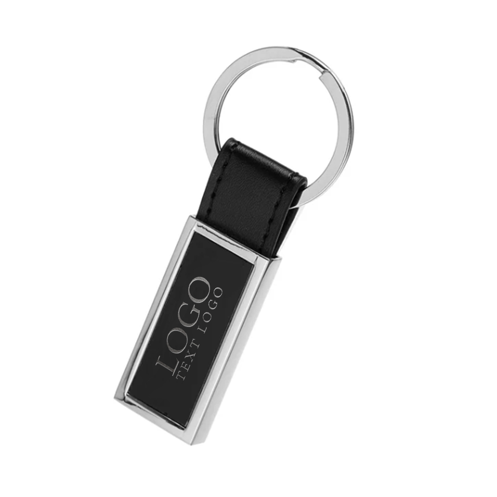 Rectangular Metal And Leather Keychain With Logo