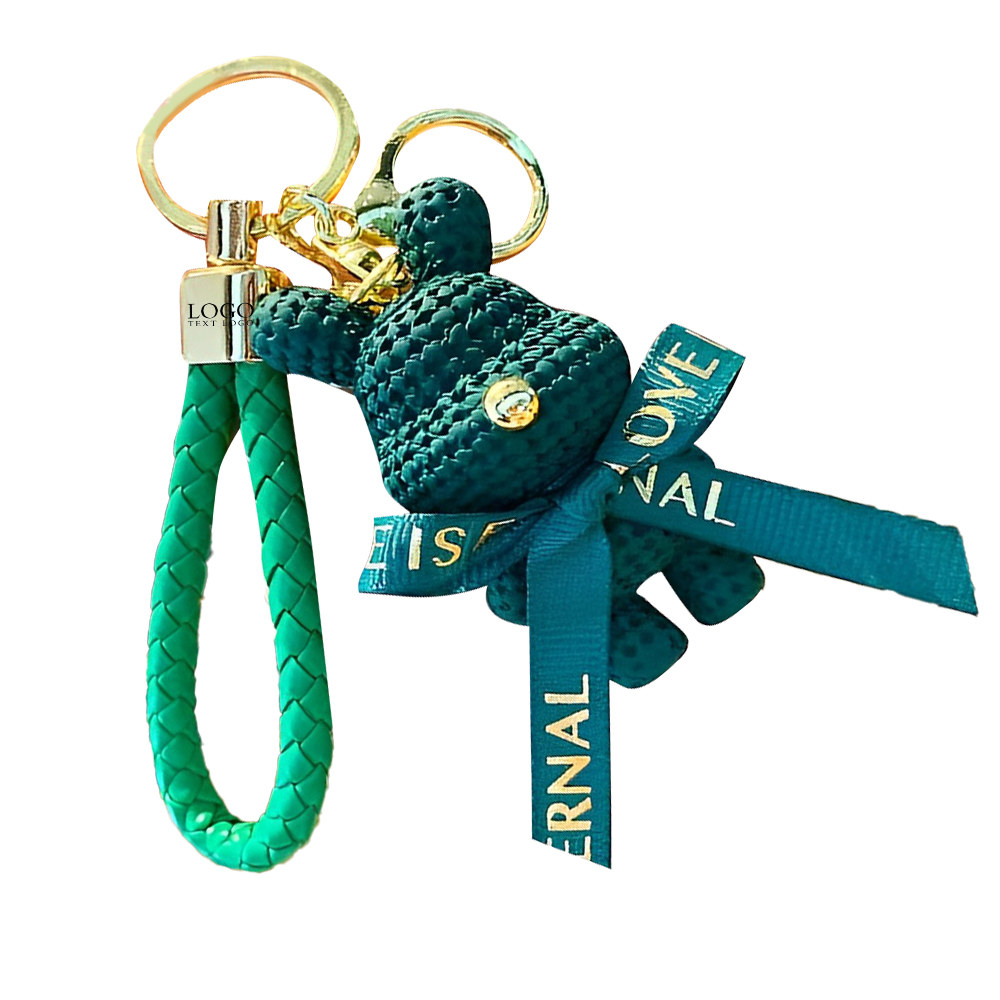 Custom Cute Little Bear Cartoon Keychain Green With Logo