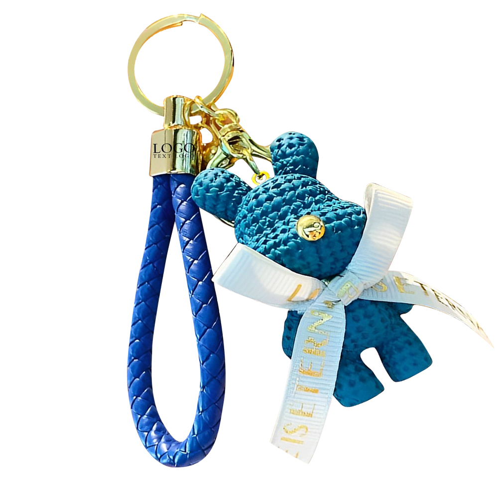 Custom Cute Little Bear Cartoon Keychain Blue With Logo