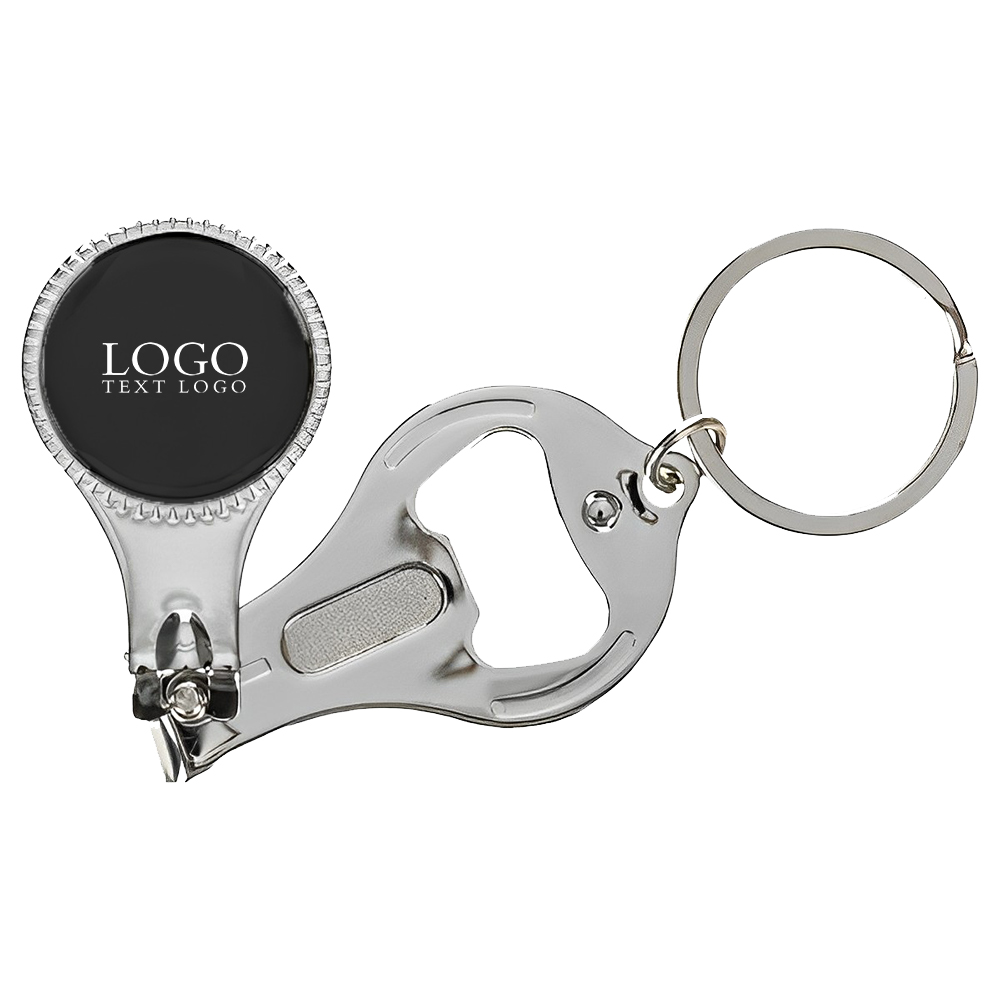 Round Nail Clipper With Bottle Opener Keyring Black Logo