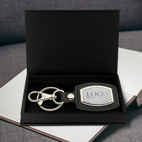 Promotional Leather And Brushed Plate Keyring With Gift Box