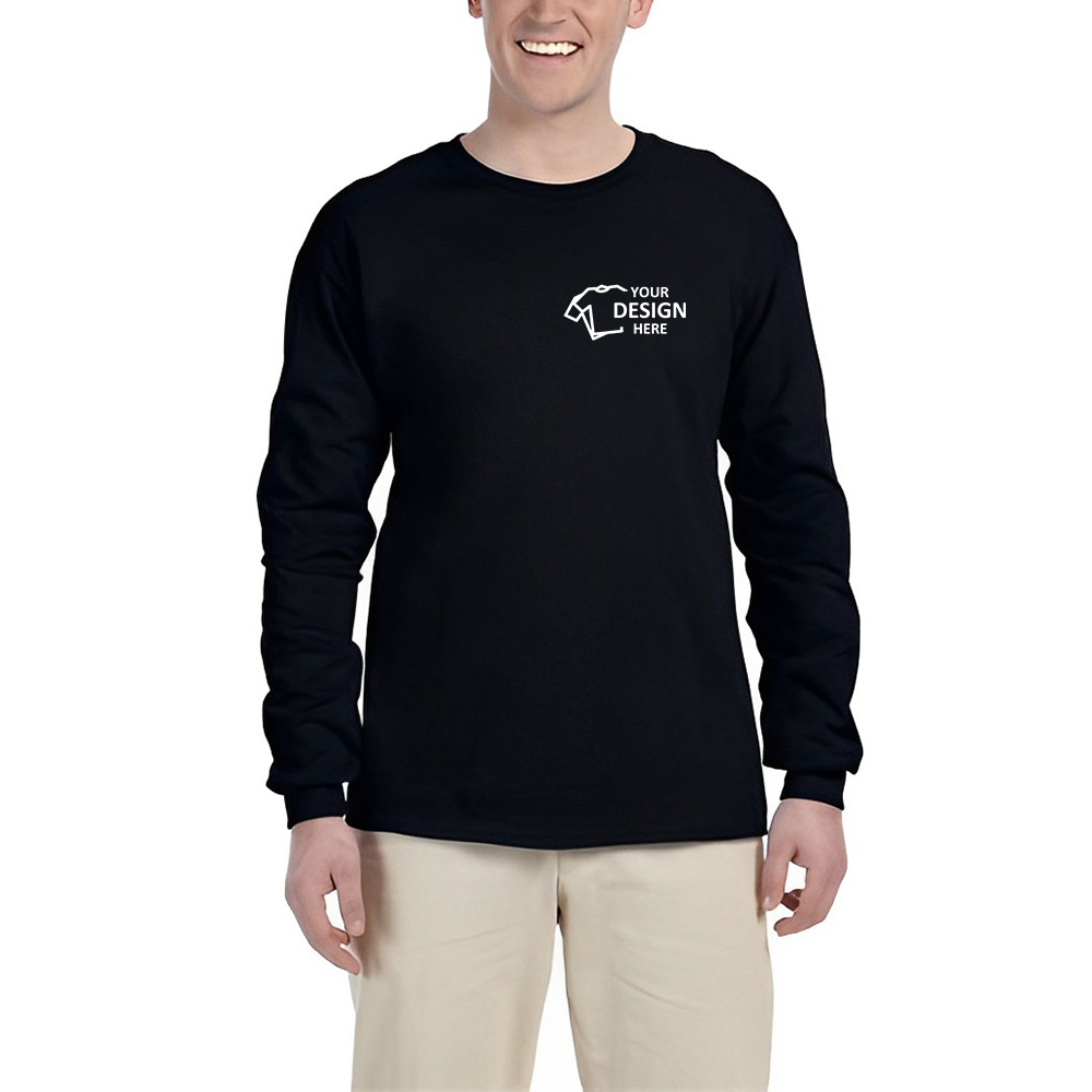 Fruit of The Loom HD Cotton Adult Long Sleeve T-Shirt Black With Logo On Left Chest