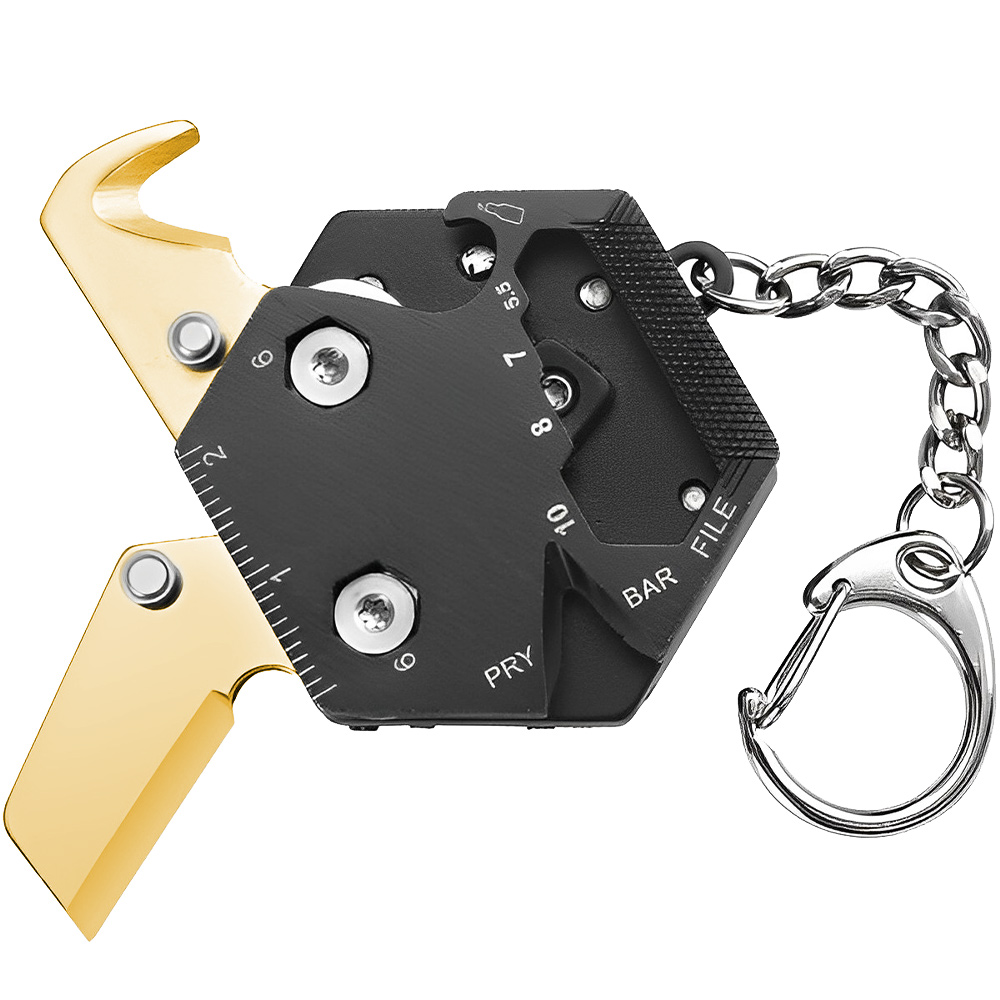 Hexagon Folding Knife Keychain Gold