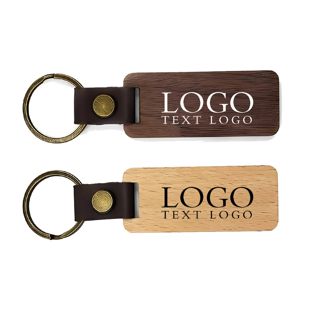 Promotional Rectangle Engraved Wooden Keychain With Leather