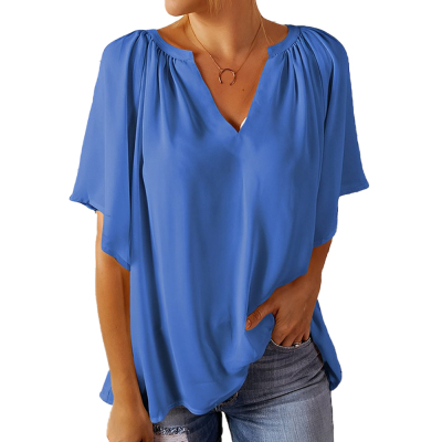 Women Blouse Tee Casual V-Neck Elbow Sleeve Loose Top 