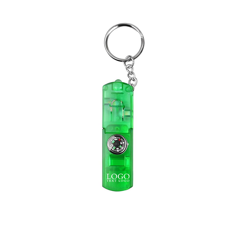 Green LED Keychain With Compass & Whistle With Logo