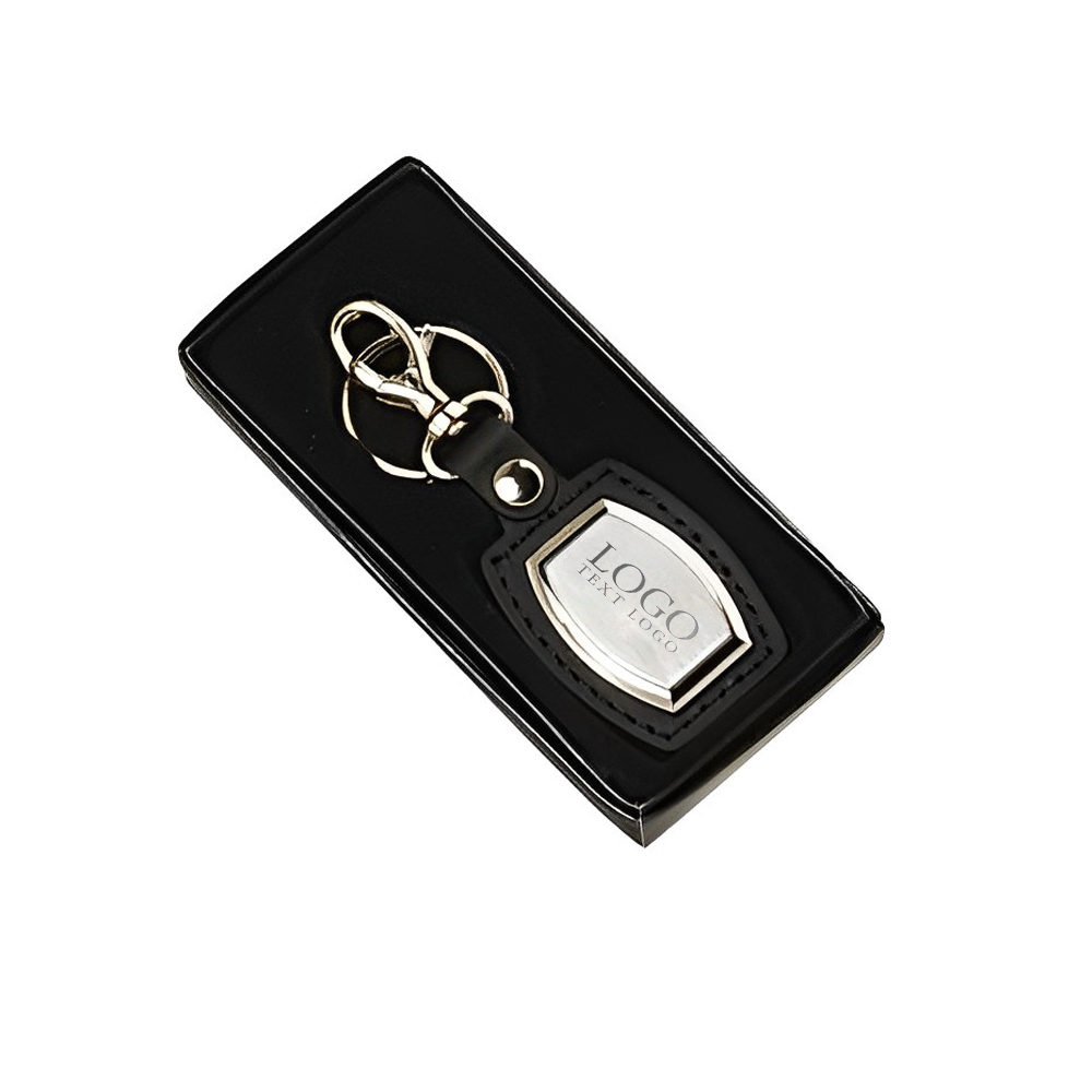 Custom Leather And Brushed Plate Keyring Black With Box